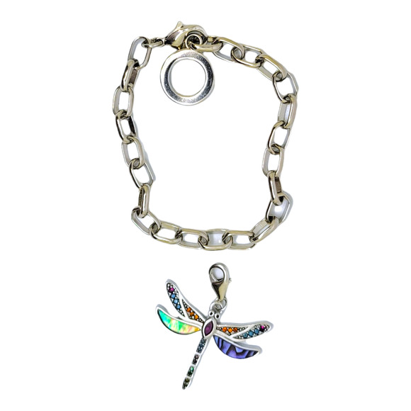 925 Sterling Silver Round Created Ruby Gemstone MOP Dragonfly Charm Bracelet 7" - Picture 1 of 9
